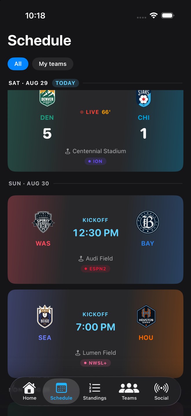 Season schedule with a live match and upcoming kickoffs