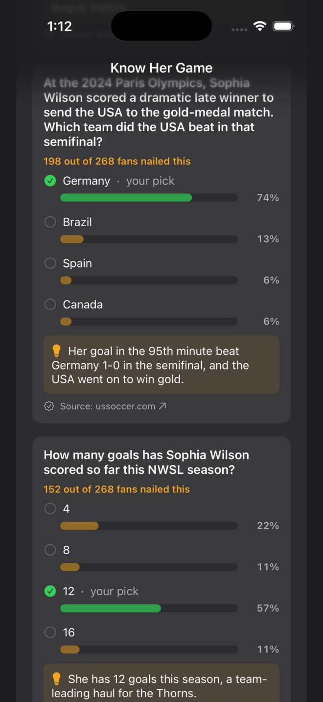 Know Her Game question screen with community comparison bars and a cited source